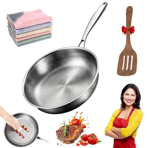Snrtevu Padelle in Titanio, Padella Titanio Puro con Coperchio, Padella in Titanium Puro 26/28/30 cm, Non Rivestito, Resistente ai Graffi, Compatibile con Tutti i Piani Cottura (Senza coperchio,24cm)