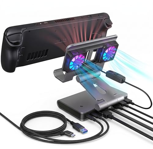 Docking station per ventole per Steam Deck/ROG Ally X/Legion Go/Claw, supporto regolabile 6 in 1 Steam Deck Dock con HDMI 4K@60Hz, Ethernet 1000Mbps, 3* USB-A 3.0 e ricarica rapida per Steam Deck OLED