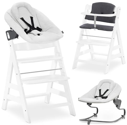 hauck Alpha+ Hochstuhl Newborn Set mit Premium Bouncer - Weiß | Mitwachsender Holz Kinderhochstuhl ab Geburt bis 90 kg | inkl. Neugeborenenaufsatz & Sitzkissen