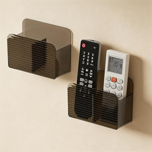 PAVSTINE Remote Control Holder No Drilling, 2 Pcs Wall-Mounted Storage Box | Required Adhesive Compartments, Remote Holder Multi-Functional, for Storing Remotes Controls, Media Players, Brown