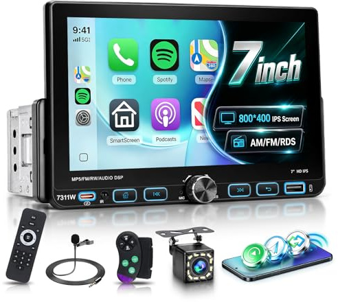 Single Din Car Stereo Radio with AM/FM/RDS Wireless Carplay Android Auto | Hodozzy 7 HD IPS Touchscreen 1 Din Car Radio with USB/Type-C Bluetooth 5.2 Mirrorlink EQ SWC Reverse Camera+Remote Control