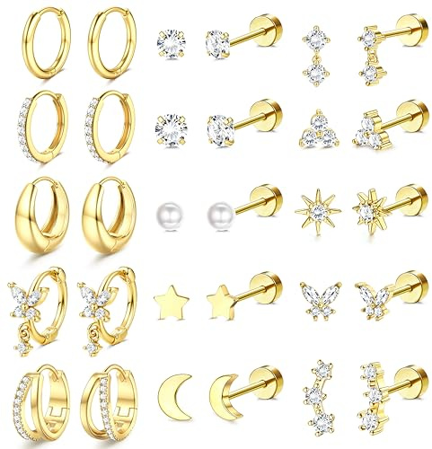 Dochais 15 Paar Gold Ohrringe für Damen 316L Chirurgenstahl Ohrringe Set Ohrstecker Medizinische Creolen für Mehrfachpiercing 14K Vergoldet Helix Tragus Piercing Ohr Gold Silber