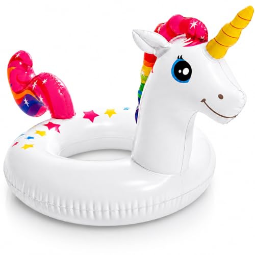 AURALIN Aufblasbarer Schwimmring Einhorn mit Glitzer 58 cm kompakt | Funkelndes Einhorn-Design als kompakter leichter Wassersessel für Sommerurlaub Poolpartys Schwimmbad Strand und Wasserspaß