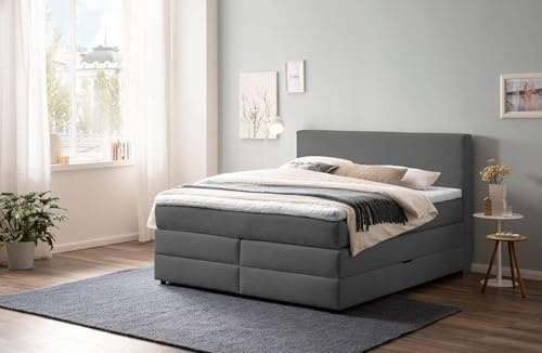 Belanoti Loft Boxspringbett 200x200 mit Bettkasten 7-Zonen Taschenfederkern Matratze inklusive Visco Topper Bett 200x200 in der Farbe Anthrazit H2 und H3 Polsterbett mit Stauraum