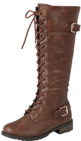 Forever Link Mango-27 Women's Strappy Lace-Up Knee High Combat Stacked Heel Boot,Brown,7