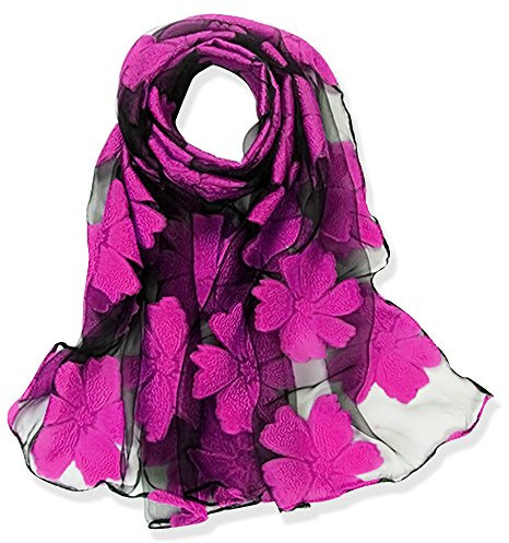 YFZYT Organza-Schal für Damen mit Feder Stickerei Muster/Elegantes Accessoire für Frauen/Organza-Schal/Halstuch/Schulter-Tuch/Schal Chiffon Stola Scarves - Rose Rote Blume