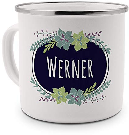 printplanet Emaille-Tasse mit Namen Werner - Metallbecher mit Design Flowers - Nostalgie-Becher, Camping-Tasse, Blechtasse, Farbe Silber