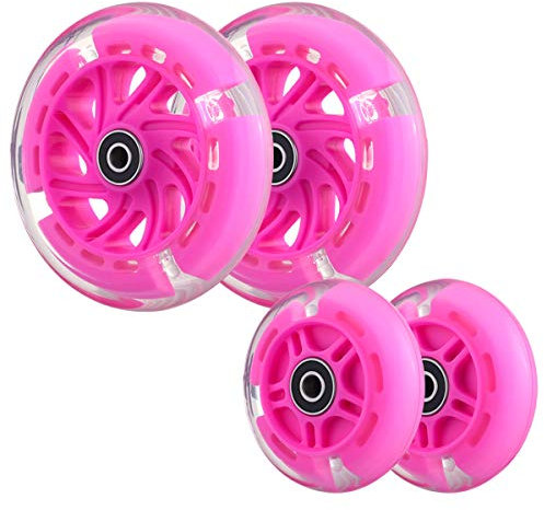 Wheelgoo Ersatzräder für Kinder-Scooter (vorne 120 mm und hinten 80 mm, blinkend, 3 Räder, Komplett-Räder-Set für Micro Kickboard Mini, Maxi Deluxe, Lascoota, Globber Kick Scooter, 4 Stück (Pink)