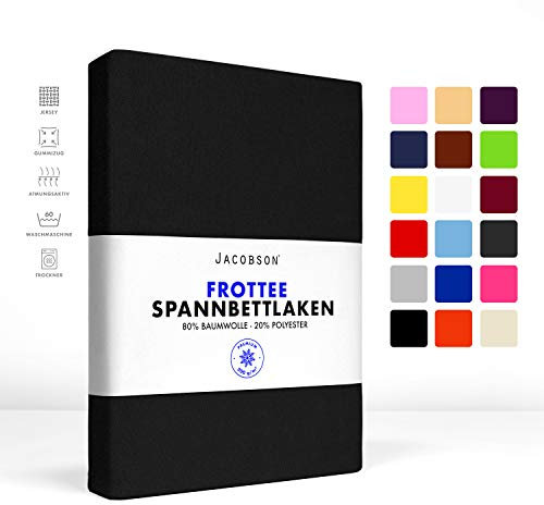 Jacobson Premium FROTTEE Spannbettlaken Spannbetttuch Bettlaken Baumwolle ca. 200g/m² (120x200cm - 130x200cm, Schwarz)