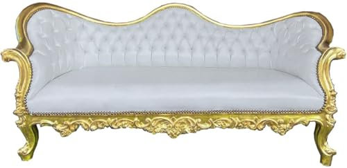 Casa Padrino Barock Sofa Vampire Weiß/Gold 200 x 75 x H. 82 cm - Handgefertigte Lounge Couch mit edlem Kunstleder - Barock Wohnzimmer Möbel