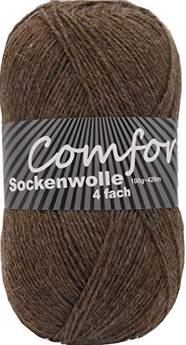 100gr Comfort Sockenwolle Strumpfwolle uni - 4-fädig - 100gr Knäul - 420m Lauflänge - Nadelstärke 2,5-3,0mm-klassiche traditionelle zeitlose Farben (braun)