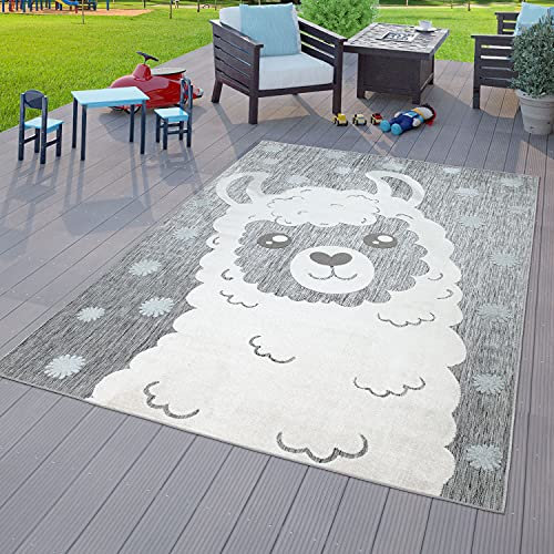 TT Home Kinderzimmer Outdoor Teppich Kinder Junge Mädchen Spielteppich Lama Design Grau, Größe:80x150 cm