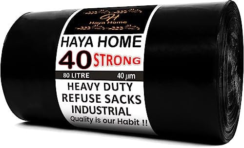 Haya Home 70L to 80L 40 Extra Strong Bin Bags Heavy Duty Bin Liners 40 μm Black Plastic Refuse Sacks large Waste Dustbin Bags for Kitchen Home Office DIY Garden from 100% Recycled Material