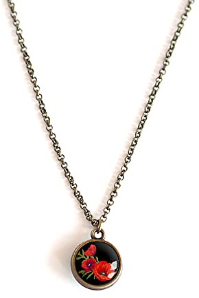 collier pendentif cabochon, Coquelicots, fleurs rouge et noir, bronze, 60 cm chaîne