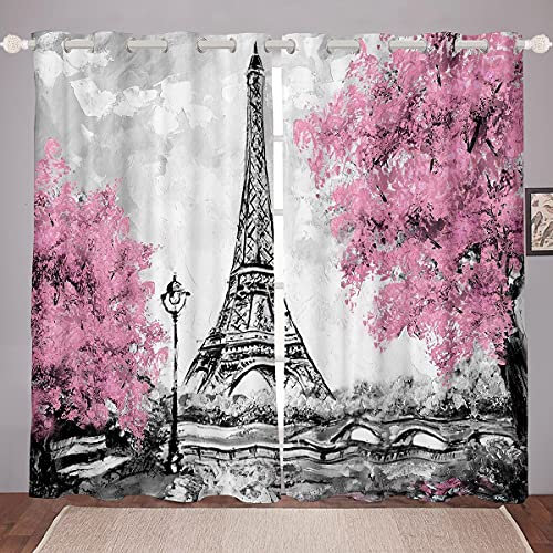 Eiffelturm Fenstervorhänge für Kinder Mädchen Frauen,Rosa Kirschblüten Fenstervorhänge,Romantische Pariser Vorhänge,Berühmte Urbane Fenstervorhänge 2 Panel Set Schlafzimmer Dekor 55x96 Grau