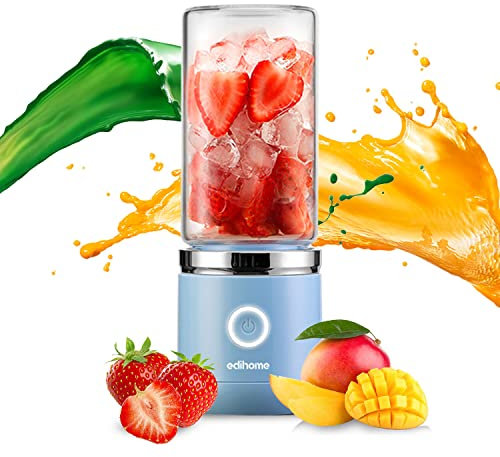 Edihome, Frullatore Portatile, Blender di Frutta e Verdura, Mini Frullatore Elettrico, con Bicchiere di Vetro, 380 ml, Ricaricabile USB, 2000mAh (Blu)