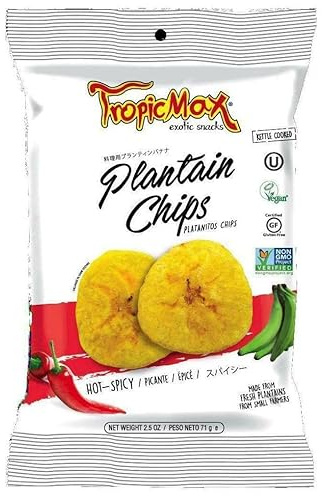 TropicMax - Plantain Chips with Spicy Flavor - Gluten-Free Kettle Cooked Organic Healthy Snacks - Salted Vegan Green Plantain Chip with Individual Bags - Non-GMO, Certified Kosher (2.5oz - 6 packs)
