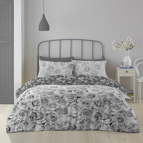 GC GAVENO CAVAILIA Printed Flower Bedding Grey, Easy Care Super King Duvet Set, Lightweight Comforter Cover