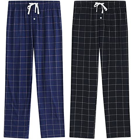 Vulcanodon 2 Pack Mens Cotton Pyjama Bottoms, Lightweight Sleep Pants with Pockets Soft Lounge Pajama Pants for Men Plaid Pj Bottoms (Navy+Black, XL)