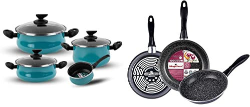 Magefesa Country - Batería de cocina 7 piezas, acero vitrificado exterior verde agua. Antiadherente bicapa & K2 Gransasso set 3 sartenes 20/24/28cm, Acero vitrificado exterior, gris