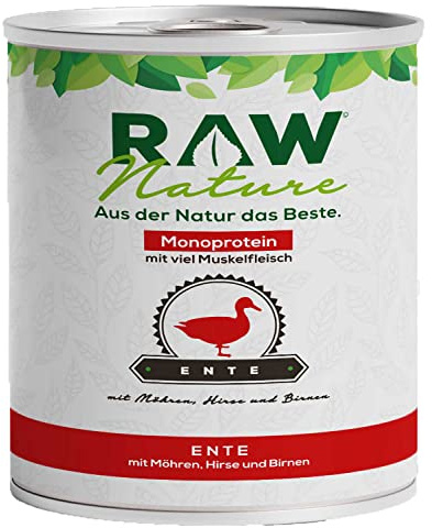 RAW Nature Ente Pur Hunde-Nassfutter – 800 g, Hirse, Birne, Monoprotein | Getreidefreies Alleinfuttermittel für Hunde mit Ente als einziger tierischer Proteinquelle, viel Fleisch, Hirse und Birne.