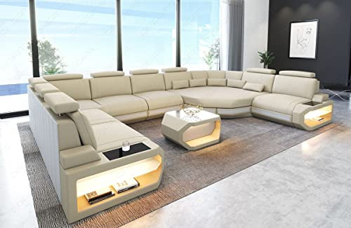 Sofa Dreams Stoff Wohnlandschaft Asti - mit LED Beleuchtung, verstellbare Kopfstützen, Ottomane/Mikrofaser/Ausrichtung wählbar (Große Ecke rechts, Weiss-Elfenbein)