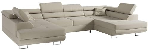 MKS MEBLE Sofa Beige Wohnzimmer - Wohnlandschaft - U-Form Couch mit Schlaffunktion - Schlafsofa mit Bettkasten - Wohnzimmer U Couch - Polstersofa mit Bettkasten - Gustaw U Dunkelcreme Samoa