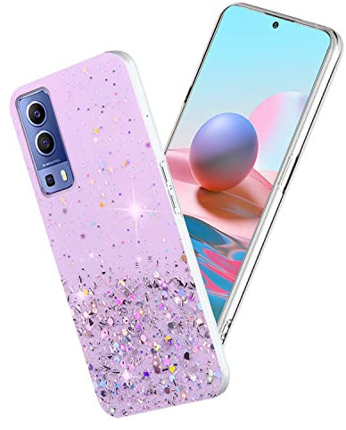 Yarxiawin Kompatibel mit Vivo Y72 5G Hülle Transparent Glitzer Aesthetic Muster, Handyhülle Vivo Y72 5G Silikon Durchsichtig Dünn Cover, Schutzhülle Vivo Y72 5G Clear Case Silikonhülle (Lila)