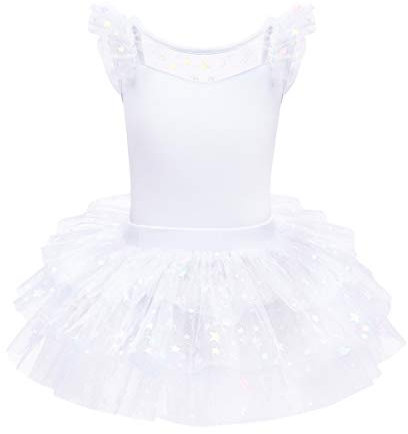 FYMNSI Ballet Leotard for Girls Dance Dress Back Bowknot Flutter Sleeve Gymnastics Bodysuit with Tutu Skirt Training Outfit Kids Princess Ballerina Costume Dress Up White 3-4 Years