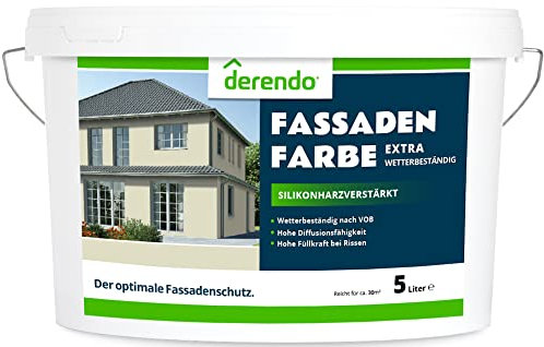 derendo Fassadenfarbe grün 5l mit EXTRA hohem Wetterschutz, matte silikonharzverstärkte Fassaden Farbe, hohe Deckkraft und gute Füllkraft bei kleinen Rissen (Mauvegrün)
