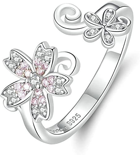 OIDESA Ringe Schmuck Ringe Frauen Pink Sakura Cherry Blossom Offen Verstellbare Fingerringe for Frauen Romantischer Sterling Silber Hochzeitsschmuck