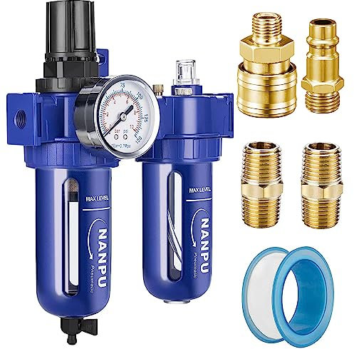 NANPU Filtre-régulateur-lubrificateur d'air comprimé 1/4 BSP, alliage de zinc, élément en laiton de 5 microns, manomètre de 0 à 10 bars, bol à démontage rapide, vidange manuelle, support métallique