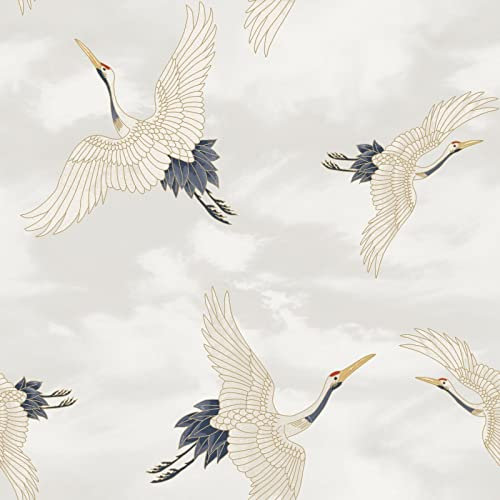 SOPHIE LAURENCE Oriental Japanese Birds Cranes White Blue Metallic Silver Feature Wallpaper - Thick Heavy Duty Soild Paste The Paper Wallpaper