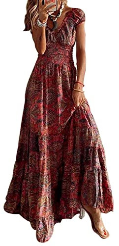 ABYOVRT Sommer Kleider Damen Sommerkleid Boho Lang Kleider Böhmisch Blumen Strandkleid V-Ausschnitt Freizeitkleider Kurzärmelig Maxikleider,Rot,S