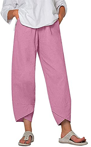 Costaric Pantaloni Capri estivi casual in cotone e lino stampati comodi pantaloni larghi con tasche Palazzo Lounge Pants, A25 Rosa, XX-Large