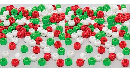Baker Ross AR691 Großpackung Perlen für Kinder – für weihnachtliche Bastelarbeiten und Dekorationen (500 Stück), Rot, Weiß und Grün (Packung mit 2)