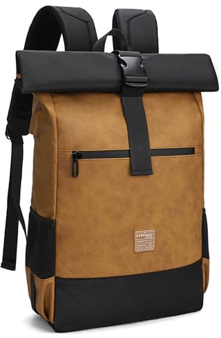 EverVanz Rolltop Laptop Rucksack -Tagesrucksack aus Leder und Polyester -Groß Rucksack Mit USB Ladeanschluss - Schulrucksack mit Laptopfach17 Zoll - Wasserabweisend Backpack für Damen & Herren