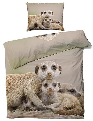 MOBEITI Erdmännchen Bettwäsche 135x200, Tiere Wendebettwäsche, Weiche Kuschelige Mikrofaser Bettbezug Set 2teilig, 1 Kissenbezug 80x80, mit Reißverschluss - Erdmännchen Deko & Geschenke