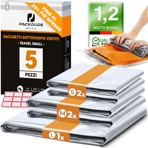 PACKDUDE® Vakuumbeutel Reise zum Rollen I 5 STK I Größen: 1x 70x50cm/ 2x 60x40cm/ 2x 50x35cmI Kompressionsbeutel Reisen ohne Ventil I Vakuumbeutel für Kleidung Reise I Vacuum Bags for Clothing Travel