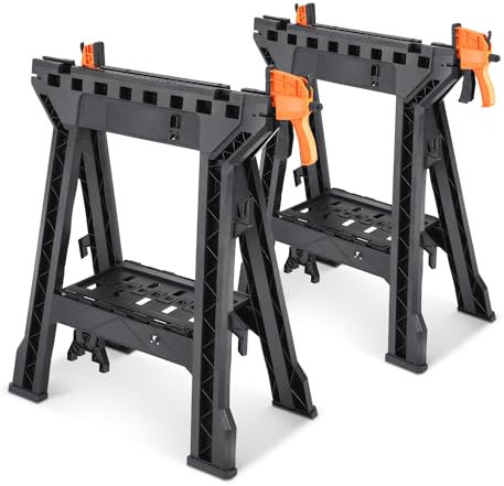 DNA MOTORING Heavy Duty 1000 lb / 450 kgs Capacity Folding Saw Horse for Slicing, Work Bench Assembly, with Clamps, Black, 2pc, TOOLS-00471