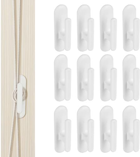 PZJFH 12 Pieces Blind Cord Hooks Kit, Blind Cord Winder, Blind Cord Safety Device, Self Adhesive Curtain Hooks for Home Office Window Blinds Curtains Sun Shades Ropes White