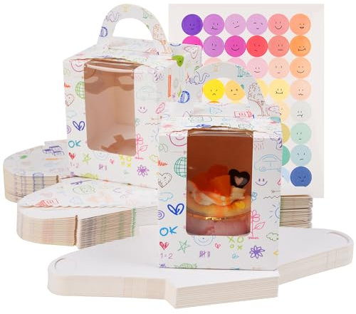 KEYIDO 30 Pcs Individual Cupcake Boxes Single Cupcake Boxes Graffiti Pattern 1 Hole Cake Box with Clear Window Inserts and 2 Sheets of Stickers for Wedding Birthday Party Favors