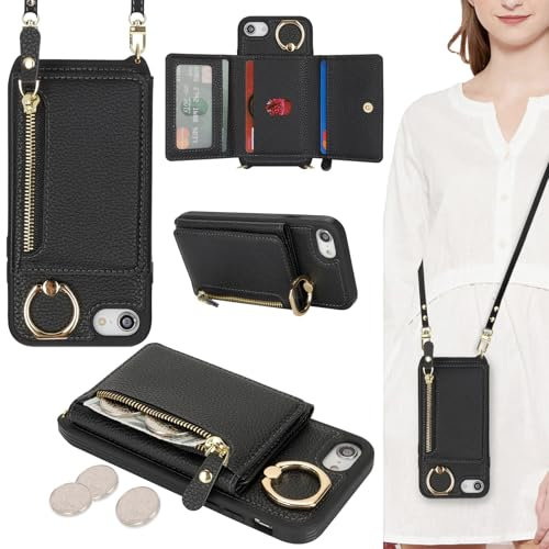 ELTEKER Handyhülle für iPhone 7/8/SE2020/SE2022 Hülle mit Band Kartenfach Geldbörse,Leder Klapphülle Handytasche für iPhone 7/8/SE2020/SE2022 - Schwarz