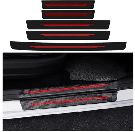 Adunsiaoto 5 Pieces Door Entry Guards Sill Scuff Cover Panel Step Protector, Carbon Fiber Threshold Protective Stickers, Car Door Sill Strip Anti-Tread Protection Sticker Carbon Fiber(Red)