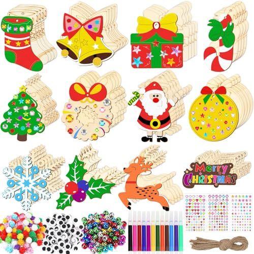 JULBEAR Holzanhänger Weihnachten zum Bemalen, 345 Stück Holz Basteln Kinder Weihnachten Holzanhänger Weihnachtsbaum Holz Weihnachtsdeko Anhänger Geschenkanhänger DIY Weihnachtsdekoration Holz