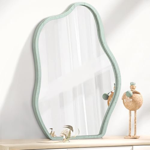 Lzuso Holz-Rahmen hängender Spiegel Asymmetrischer unregelmäßiger Wandspiegel Einzigartiger Form-moderner Spiegel Wolke-dekorativer Spiegel für Wohnzimmer Schlafzimmer Eitelkeit Badezimmer Flur Weiß