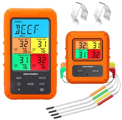 Ieron Termometro per Alimenti a Colori Wireless per Barbecue con 4 sonde Termometro da Cucina Digitale con funzionalità Multi-sonda, Lettura istantanea per Carne e Cottura al Forno