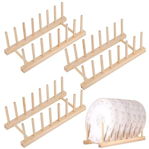 Kssvzz 4Pcs Wooden Plate Rack, Kitchen Wood Dish Rack, Wooden Chopping Board Holder, Plates Tray Storage Rack for Plate, Cup, Pot Lid
