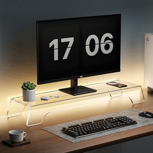 AFOOYO Doppelter Monitorständer aus transparentem Acryl, LED-Licht, 80 cm (31,5 Zoll), Computer-Monitor-Ständer für 2 Monitore, Bürocomputer-Organizer für Computer