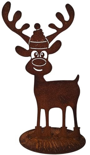 Bornhöft Weihnachtliche Elch - Rentier-Dekofigur aus Metall in Edelrost Standmotiv mit Mütze, Rostbraun rostige Figur aus Eisen Gartendeko Gartendekoration XXL